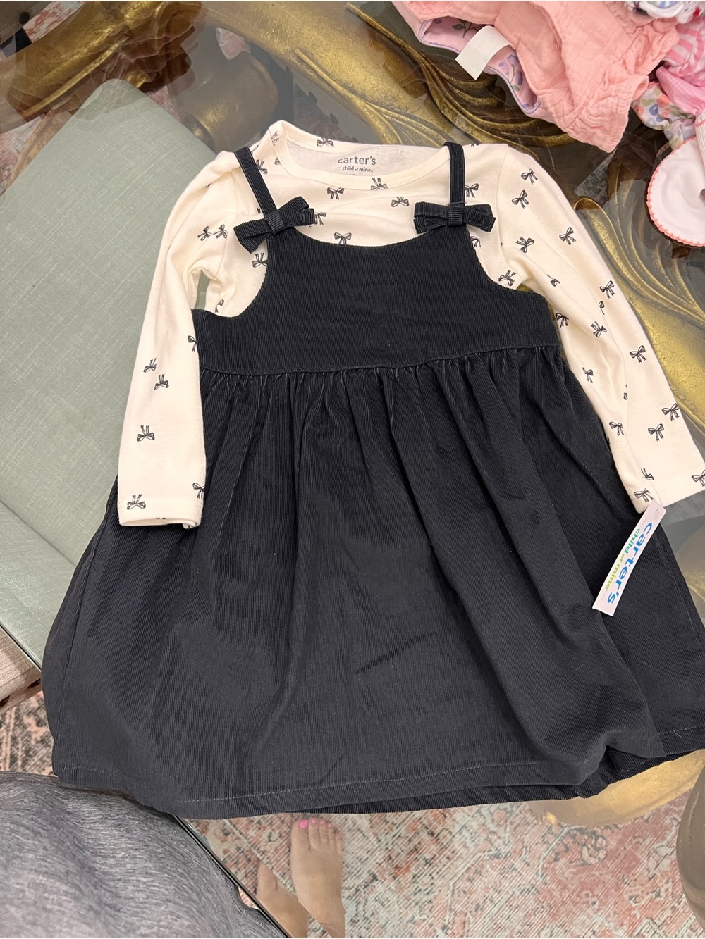 Carter's Black Corduroy Pinafore with Cream Bow-Print Top
